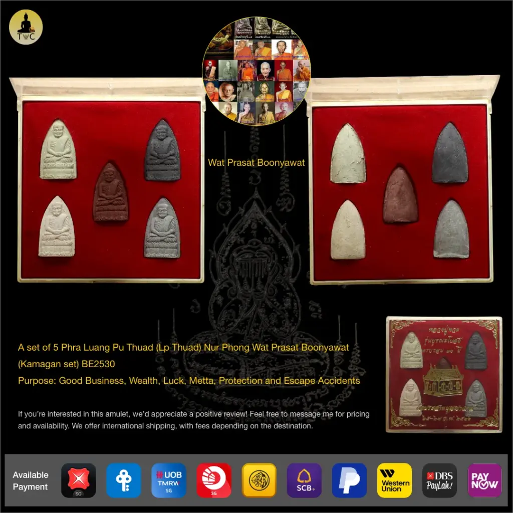 A set of 5 Phra Luang Pu Thuad (Lp Thuad) Nur Phong Wat Prasat Boonyawat  (Kamagan set) BE2530 Thai amulet