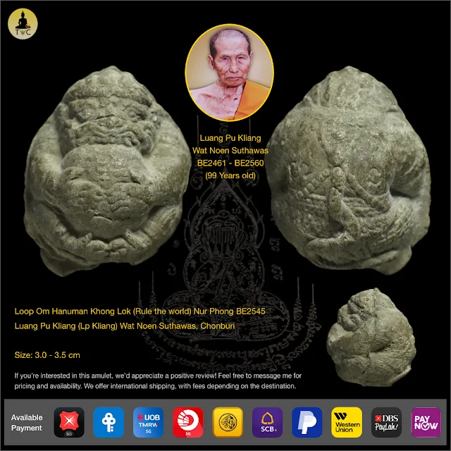 Loop Om Hanuman Khong Lok (Rule the world) Nur Phong BE2545 Luang Pu Kliang (Lp Kliang) Wat Noen Suthawas, Chonburi Thai amulet