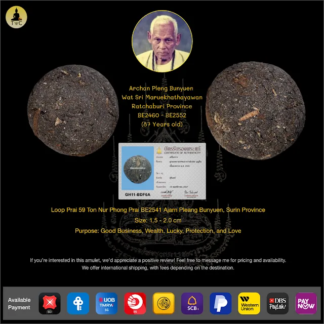 Loop Om Prai 59 Ton Nur Phong Wahn Prai BE2541 Archan Pleang Bunyuen, Surin Province Thai amulet