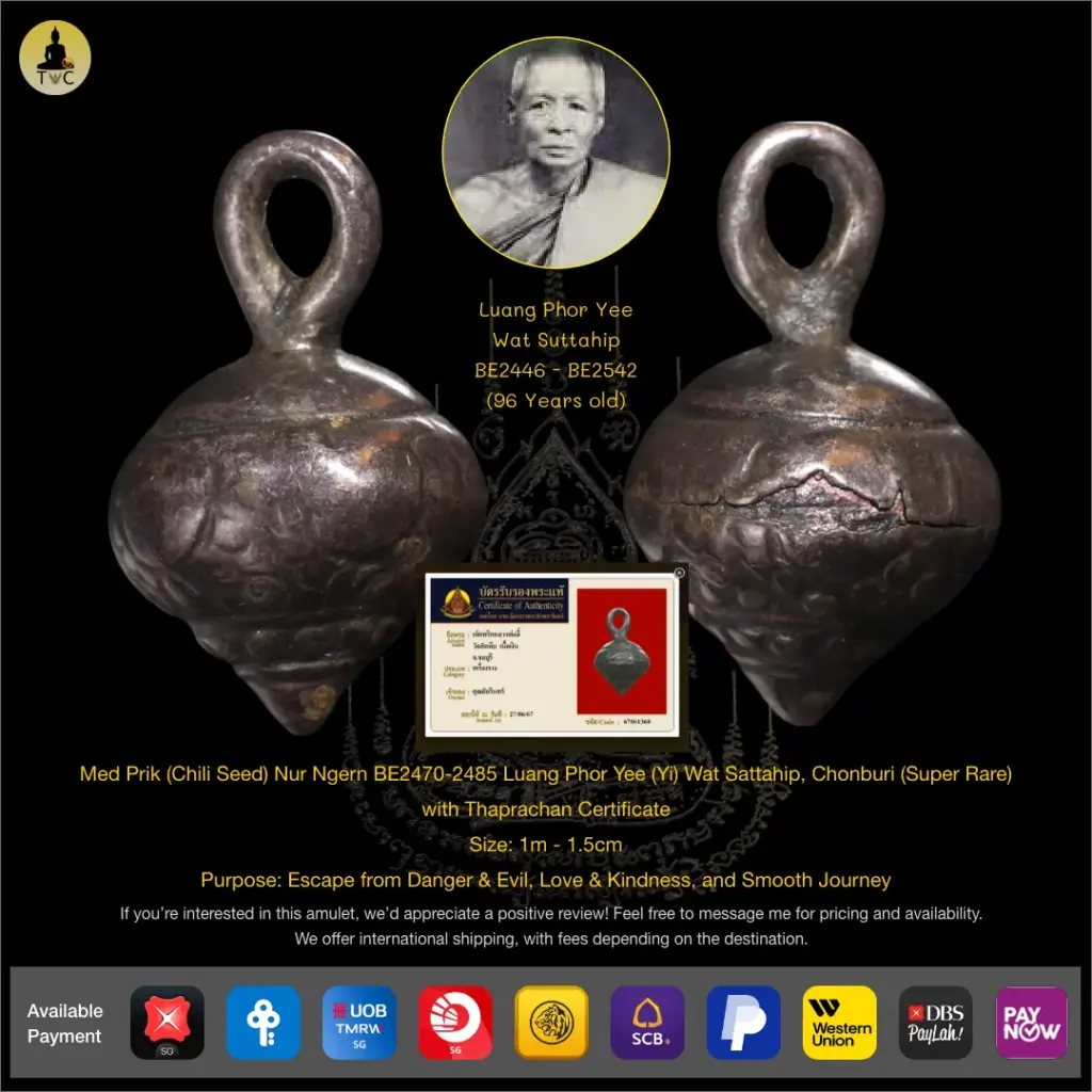 Med Prik (Chili Seed) Nur Ngern BE2470-2485 Luang Phor Yee (Lp Yee, Lp Yi) Wat Sattahip, Chonburi (Super Rare) Thai amulet