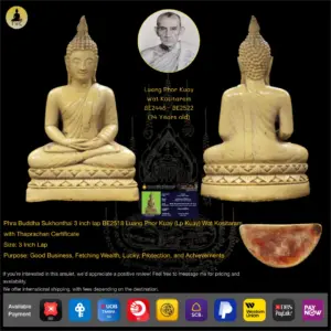 Phra Buddha Sukhonthai 3 inch lap Nur Resin BE2518 Luang Phor Kuay (Lp Kuay) Wat Kositaram