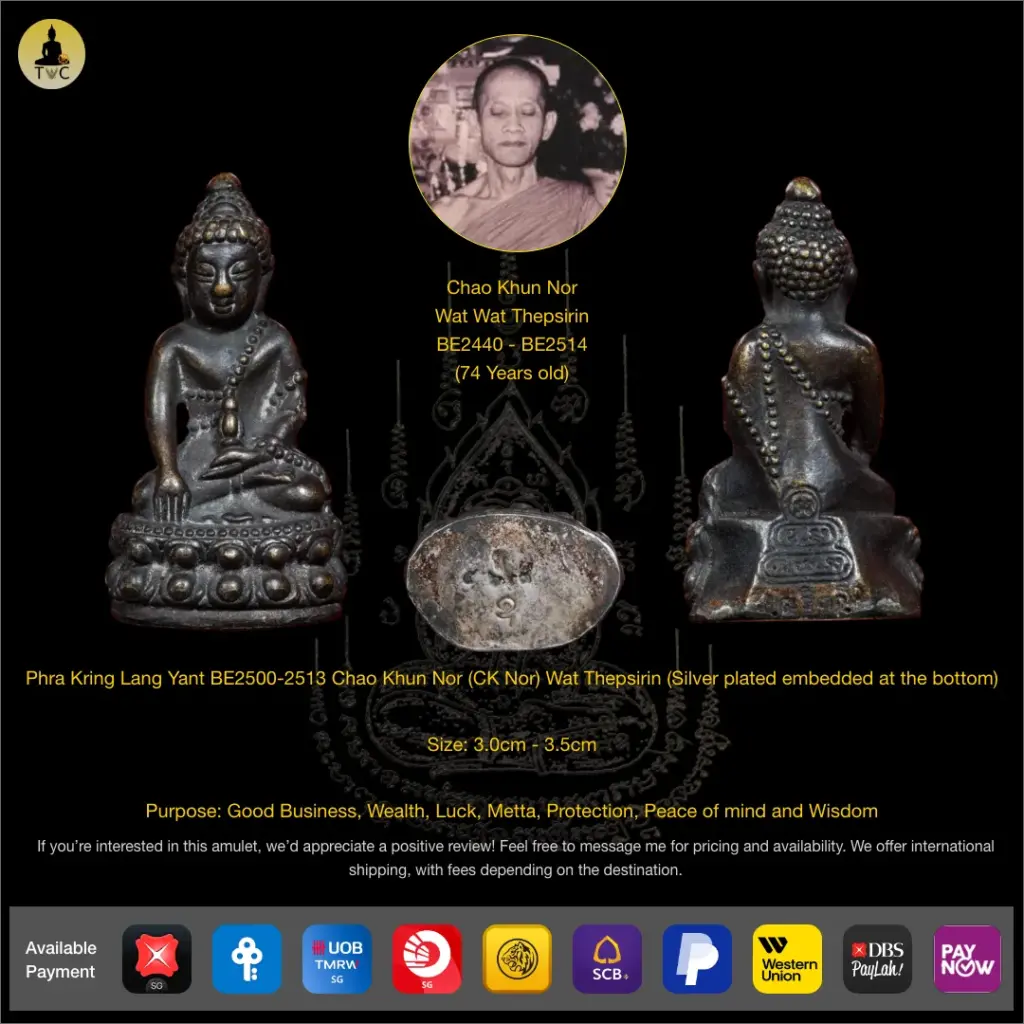 Phra Kring Lang Yant BE2500-2513 Chao Khun Nor Wat Thepsirin (Silver plated embedded at the bottom) Thai amulet