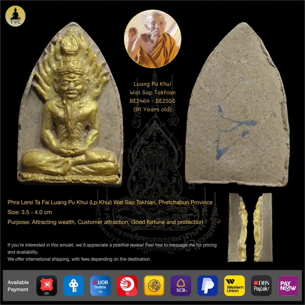 Phra Lersi Ta Fai Luang Pu Khui (Lp Khui) Wat Sap Takhian, Phetchabun Province Thai amulet
