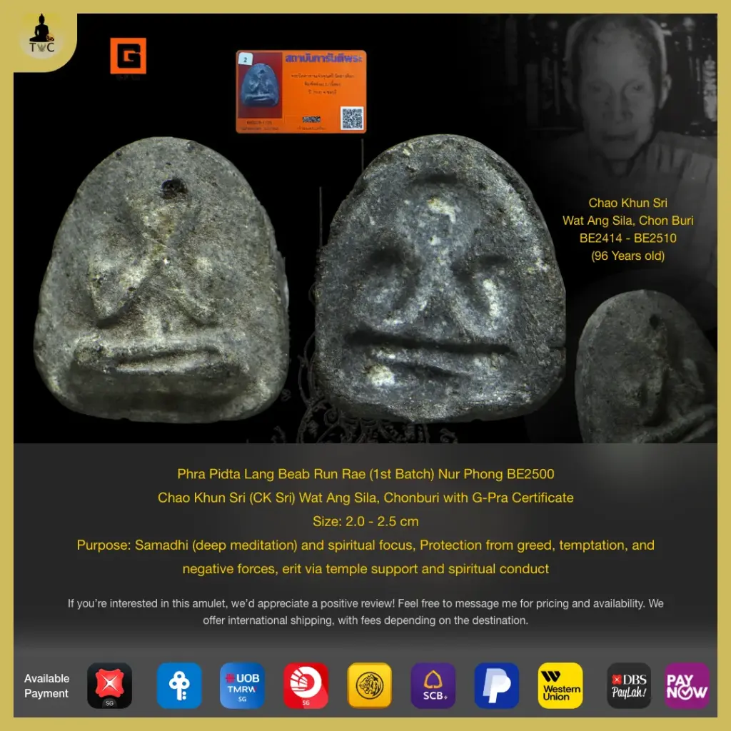 Phra Pidta Lang Beab Run Rae (1st Batch) Nur Phong BE2500  Chao Khun Sri (CK Sri) Wat Ang Sila, Chonburi with G-Pra Certificate Thai amulet