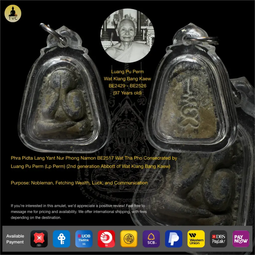 Phra Pidta Lang Yant Nur Phong Namon BE2517 Wat Tha Pho Consecrated by Luang Pu Perm (Lp Perm) (2nd generation Abbott of Wat Klang Bang Kaew) Thai amulet