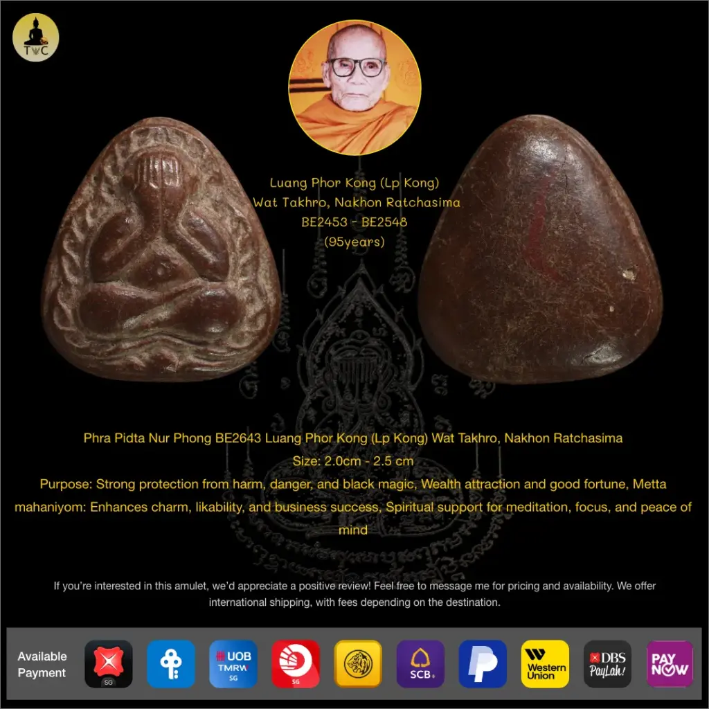Phra Pidta Nur Phong BE2643 Luang Phor Kong (Lp Kong) Wat Takhro, Nakhon Ratchasima Thai amulet