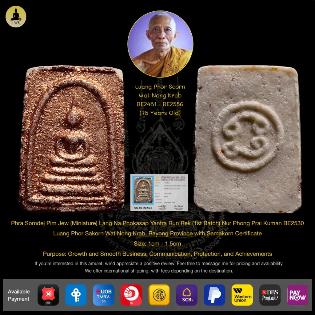 Phra Somdej Pim Jew (Miniature) Lang Na Phokasap Yantra Run Rek (1st Batch) Nur Phong Prai Kuman BE2530 Luang Phor Sakorn Wat Nong Grub Thai amulet
