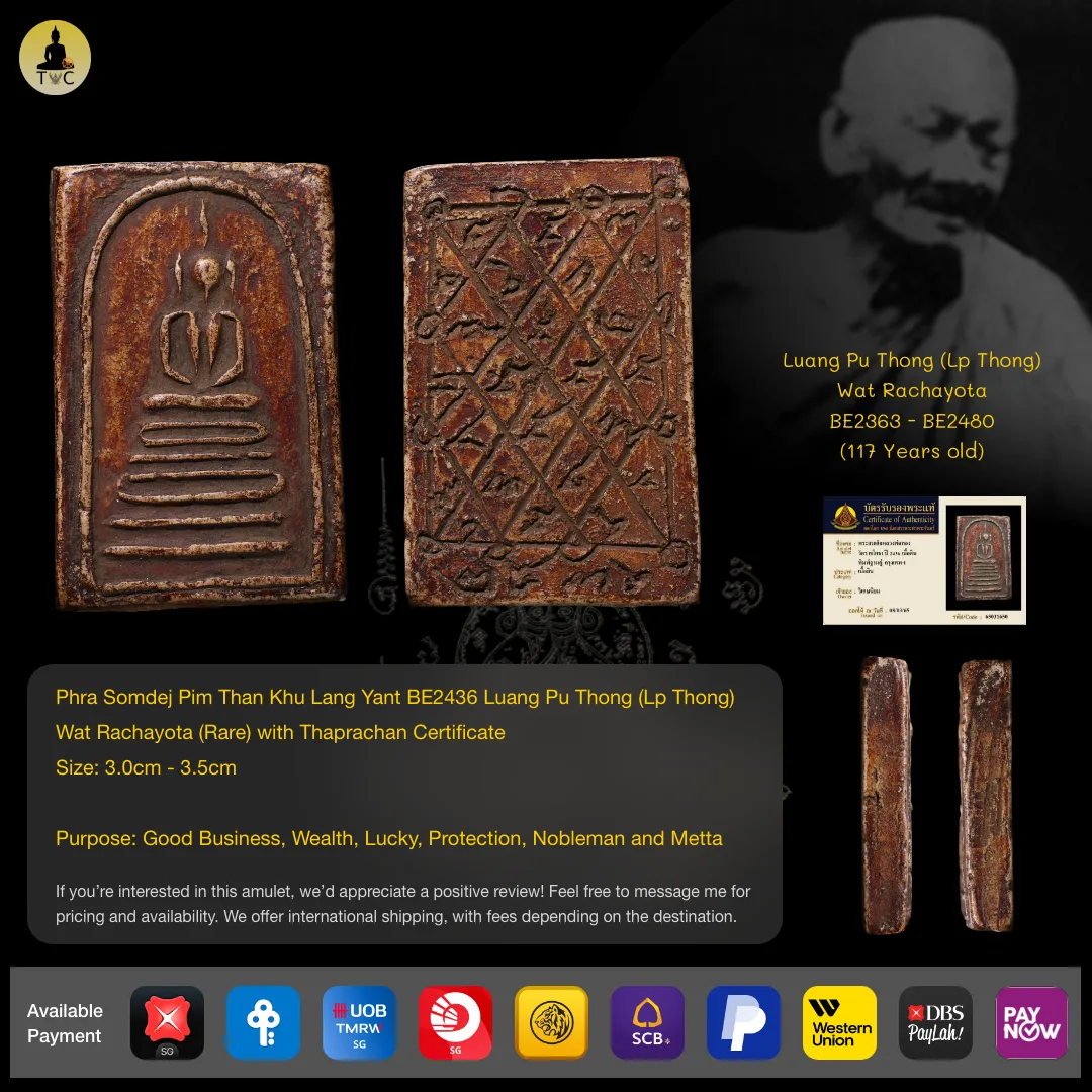 Phra Somdej Pim Than Khu Lang Yant BE2436 Luang Pu Thong (Lp Thong) Wat Rachayota (Rare)