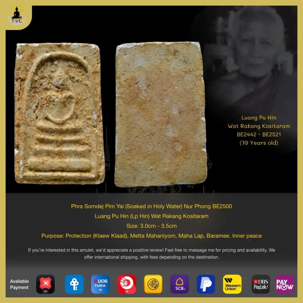 Phra Somdej Pim Yai (Soaked in Holy Water) Nur Phong BE2500 Luang Pu Hin (Lp Hin) Wat Rakang Kositaram Thai amulet