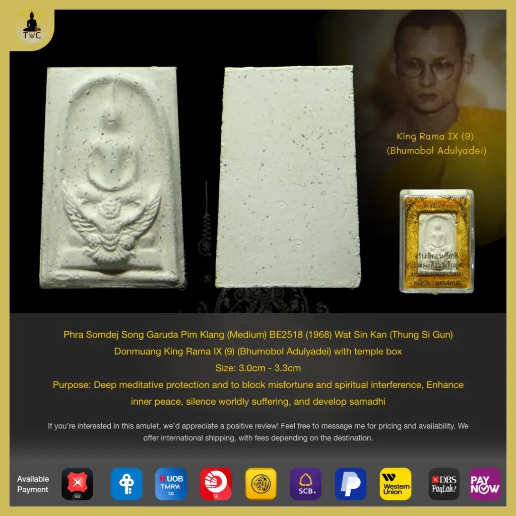 Phra Somdej Song Garuda Pim Klang (Medium) BE2518 (1968) Wat Sin Kan (Thung Si Gun) Donmuang King Rama IX (9) (Bhumobol Adulyadei) with temple box Thai amulet