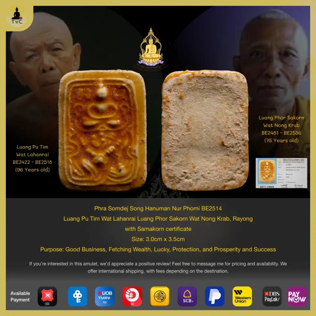 Phra Somdej Song Hanuman Nur Phomi BE2514 Luang Pu Tim Wat Lahanrai Luang Phor Sakorn Wat Nong Grub, Rayong Thai amulet
