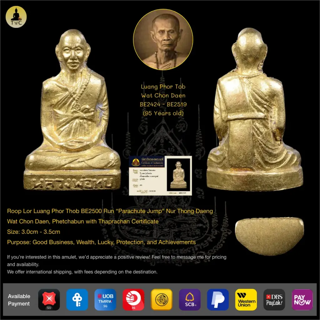 Roop Lor Luang Phor Thob BE2500 Run “Parachute Jump” Nur Thong Daeng Wat Chon Daen, Phetchabun Thai amulet