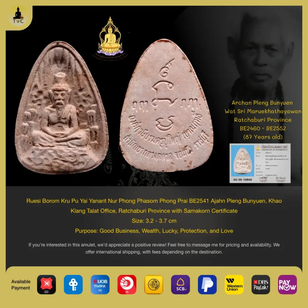 Ruesi Borom Kru Pu Yai Yanarit Nur Phong Phasom Phong Prai BE2541 Archan Pleang Bunyuen, Khao Klang Talat Office, Ratchaburi Province Thai amulet
