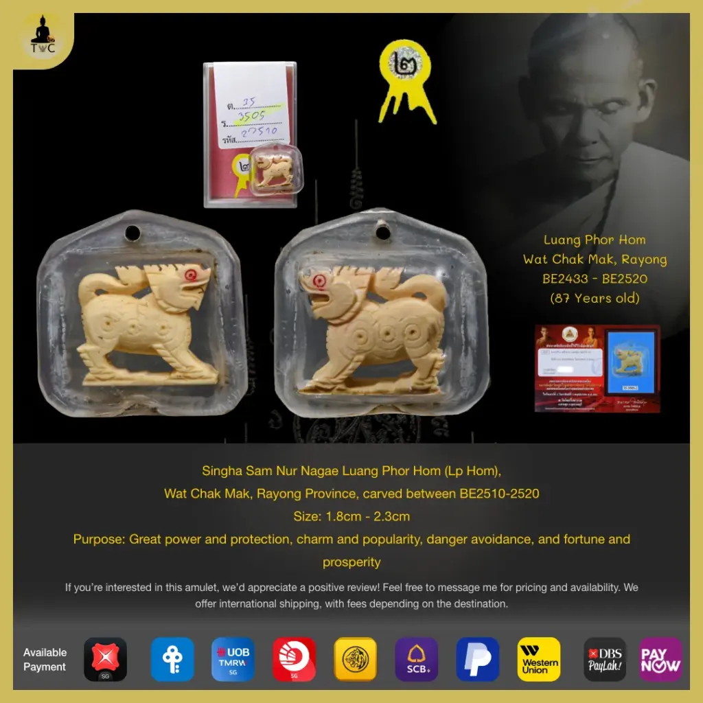 Singha Sam Nur Nagae Luang Phor Hom (Lp Hom), Wat Chak Mak, Rayong Province, carved between BE2510-2520 Thai amulet