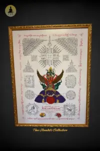 [SOLD] Cloth Yant of Phra Narayana riding Garuda, Lord of wealth, sitting to receive wealth Wat Traimit Witthayaram Chao Khun Thongchai
