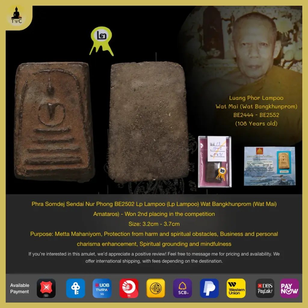[SOLD] Phra Somdej Sendai BE2502 Nur Phong Luang Phor Lampoo Wat Bangkhunprom – Won 2nd placing Thai amulet