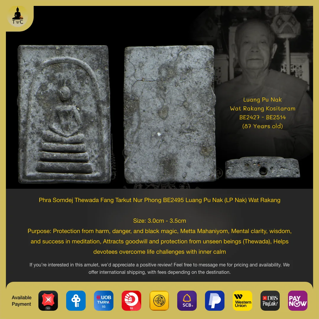 [SOLD] Phra Somdej Thewada Fang Tarkut Nur Phong BE2495 Luang Pu Nak (LP Nak) Wat Rakang