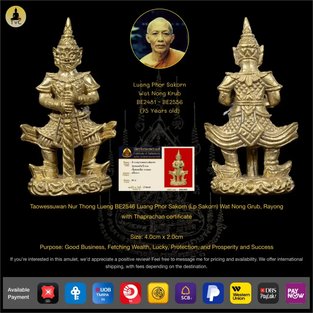 Taowesuwan Nur Thong Lueng BE2546 Luang Phor Sakorn Wat Nong Grub, Rayong Thai amulet